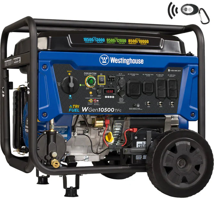 Génératrice Westinghouse WGen10500TFc tri-carburant avec capteur de CO², vue de face sur un fond neutre