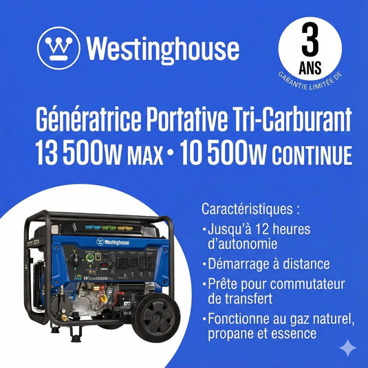Génératrice Westinghouse WGen10500TFc Tri - Carburant | 13 500 Watts & Gaz Naturel - Genexpert