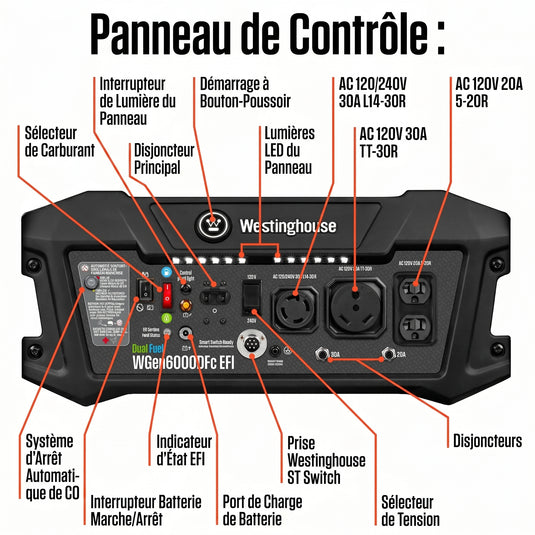 Panneau de contrôle de la génératrice Westinghouse WGen6000DFc EFI – prises L14-30R, TT-30R, démarrage bouton-poussoir, capteur CO et lumières LED