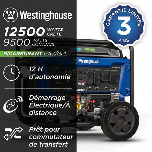 Génératrice Westinghouse WGen9500DFc Bicarburant | 12 500 Watts & Capteur de CO - Genexpert