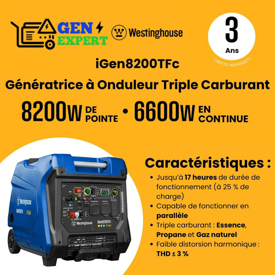 Westinghouse iGen8200TFc - Génératrice à onduleur tri - carburant avec capteur de CO - Genexpert