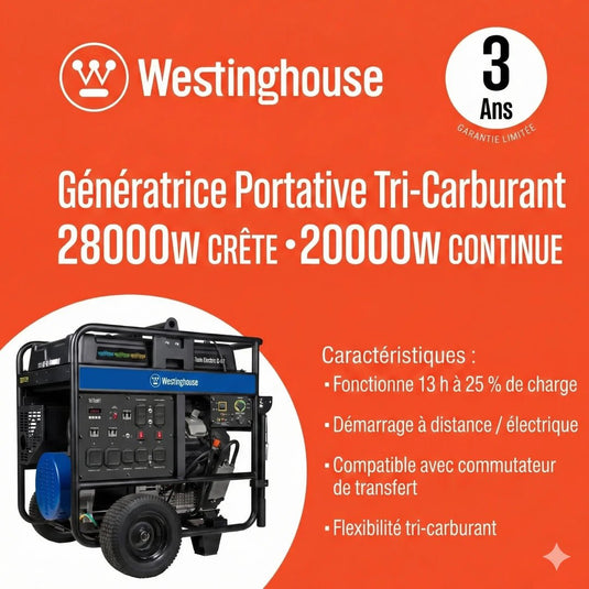 Westinghouse WGen20000TFc - Génératrice à onduleur avec capteur de CO à triple carburants - Genexpert